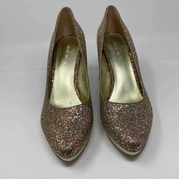 Nine West Women Size 6.5 M Priscilla Glitter Gold Platform Heels Party Night Out - Picture 2 of 5
